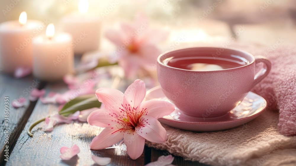 Cup of tea wit lily blossom and candles spa composition background Cup of tea wit lily blossom and candles spa composition background