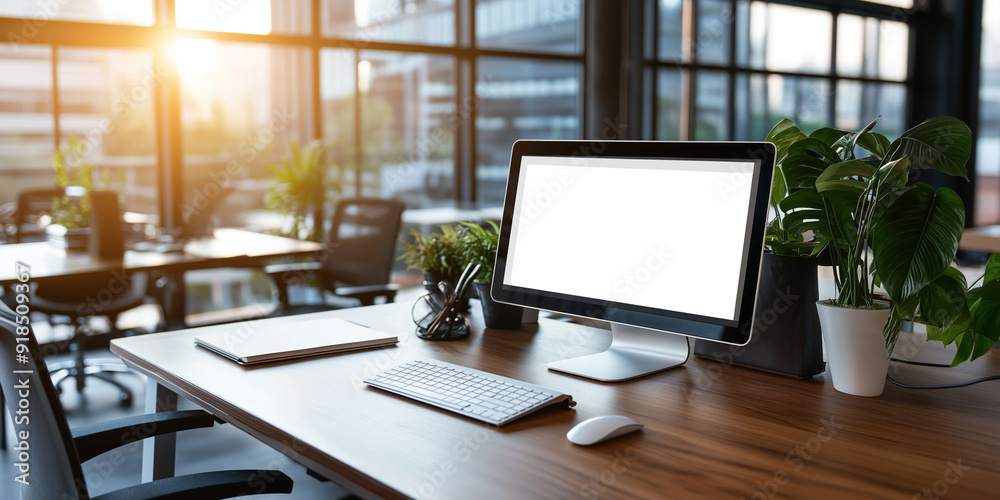 A blank form on a desktop monitor, in a bright and modern coworking space, waiting for your custom advertisement A blank form on a desktop monitor, in a bright and modern coworking space, waiting for your custom advertisement