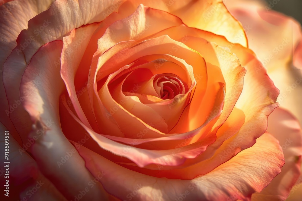 Closeup of a single rose in full bloom, with sunlight filtering through the petals, highlighting its delicate textures