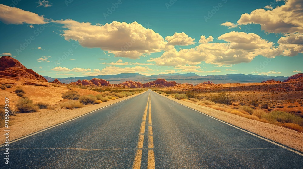 Naklejka premium An endless road stretching through a desert landscape under a vast blue sky.