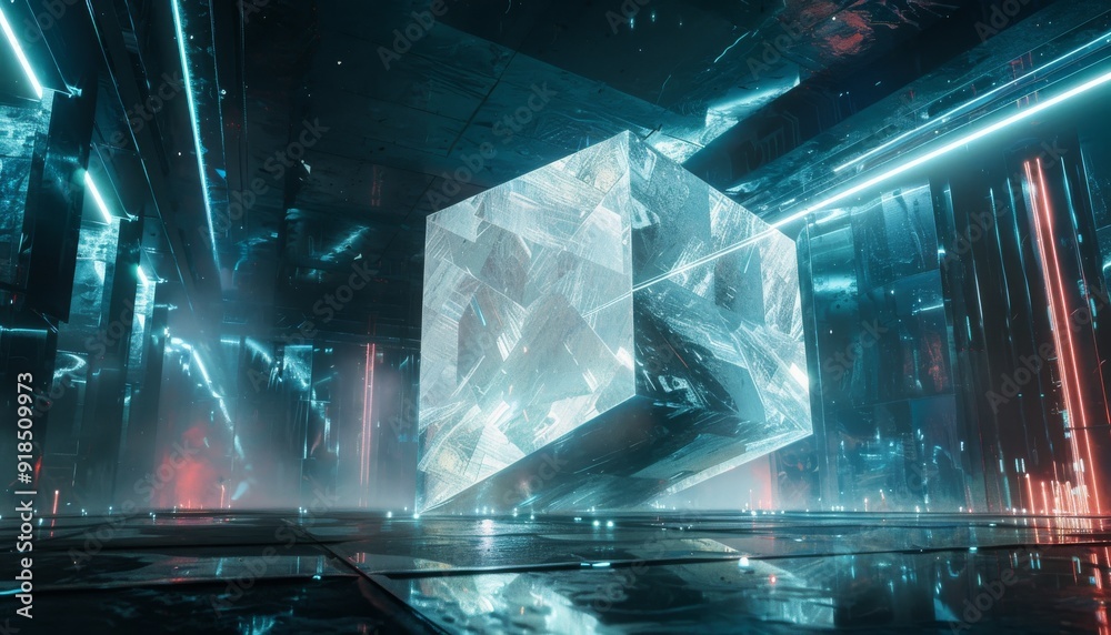 Fototapeta premium sharp 3D render of a futuristic sci-fi grunge concrete room, featuring a massive rotated cube