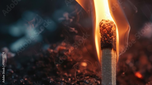 Macro shot of a wooden match burning with intense flames and detailed texture of the matchstick photo