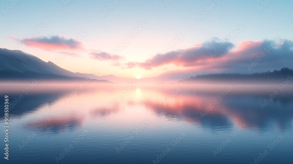 Fototapeta premium Tranquil lake sunrise with misty reflections. Serene landscape for wellness retreats, meditation apps, or nature-inspired home decor