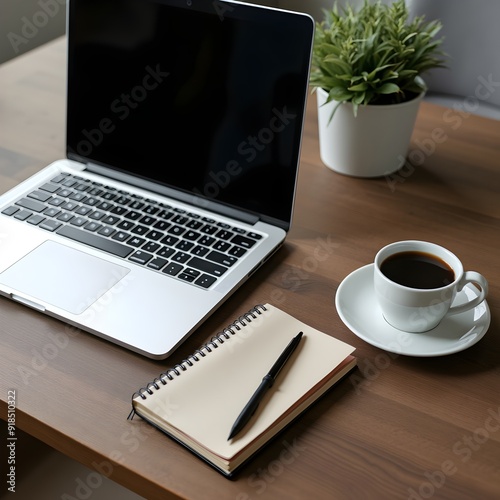 Modern Workspace: A sleek, minimalist office setup with a laptop, notebook, and a cup of coffee on a wooden desk, with a plant in the background.