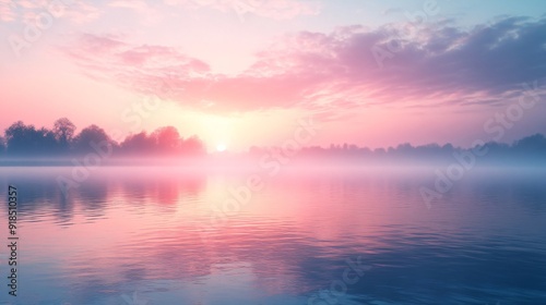 Tranquil lake sunrise with misty reflections. Serene landscape for wellness retreats, meditation apps, or nature-inspired home decor