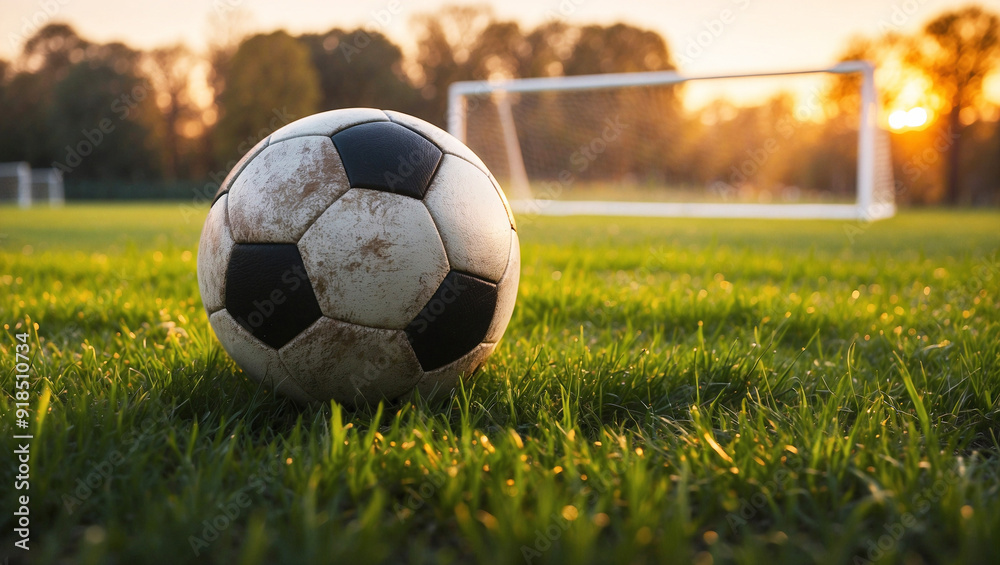 Obraz premium Peaceful Evening Soccer Field Scene with a Ball and Goalpost, Perfect for Sports Enthusiasts