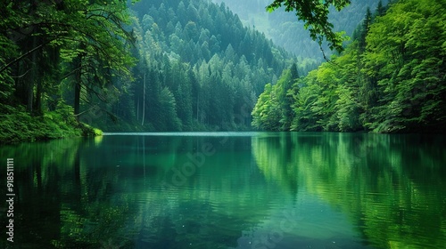   A body of water encircled by a dense green forest of towering trees