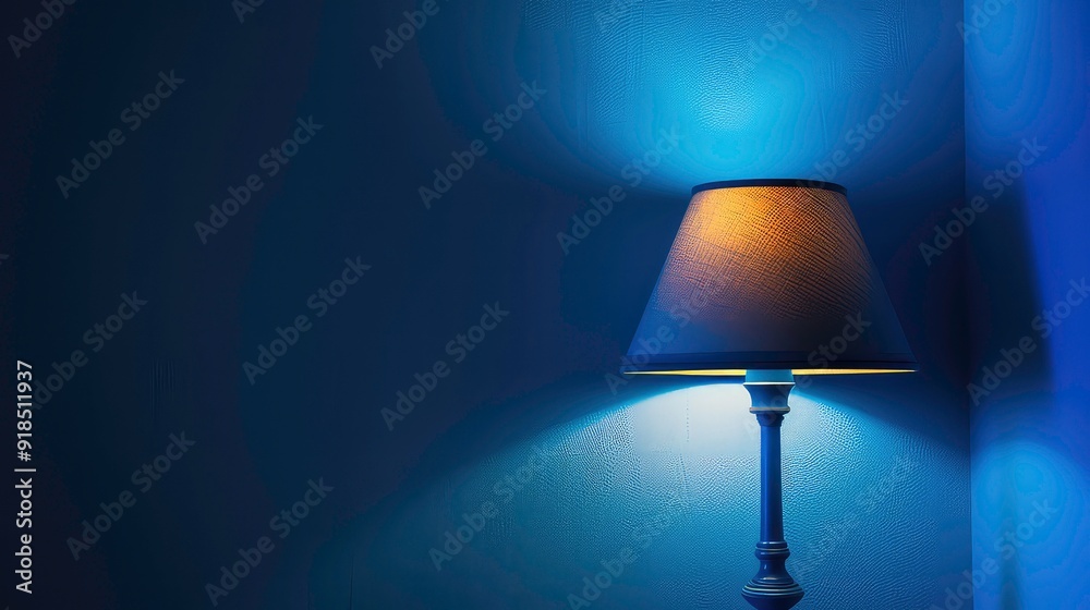 A lamp with a textured lampshade sits in the corner of a room with textured blue walls. The lamp is on and casting a warm, yellow light onto the wall.