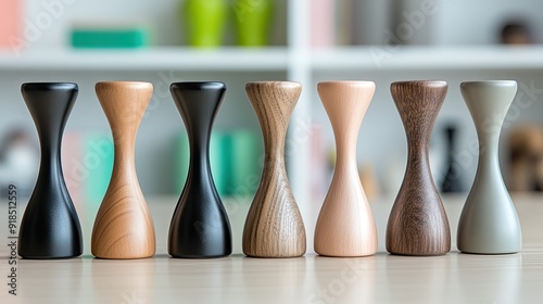 Colorful abstract figurines with smooth textures and simple shapes are arranged on white shelves, featuring diverse materials and shades