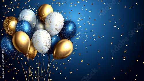 Colorful balloons with gold confetti on a dark blue background, perfect for celebrations and parties.
