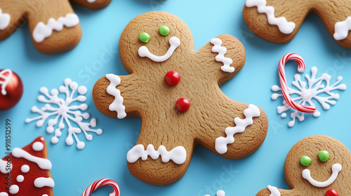 Festive gingerbread cookies with icing, candy canes, and snowflakes on a blue background, celebrating the Christmas holiday season. 