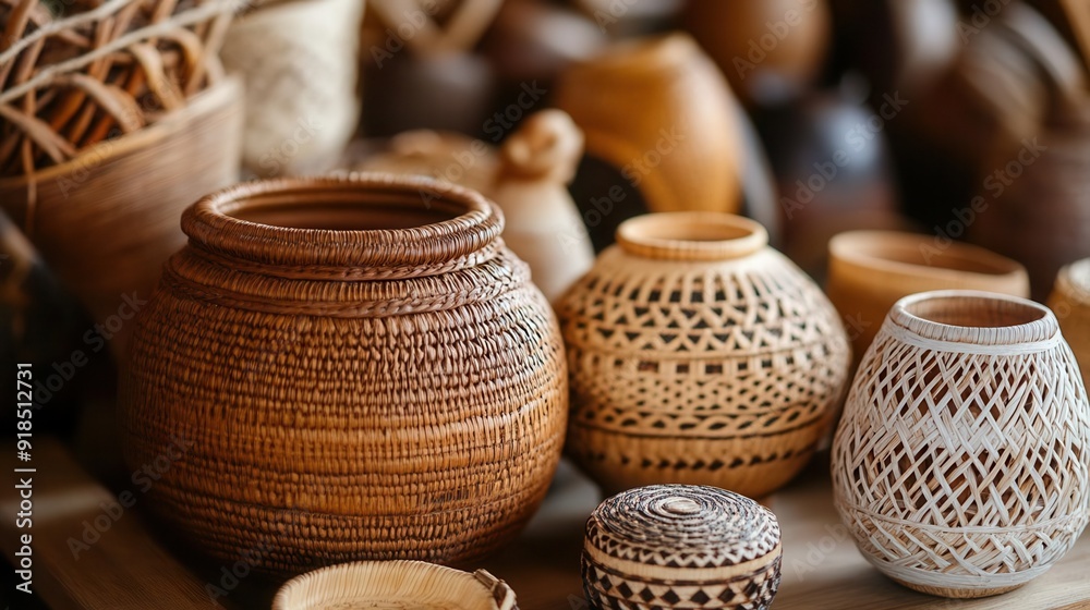 A collection of intricately woven pottery showcasing various designs and textures A collection of intricately woven pottery showcasing various designs and textures