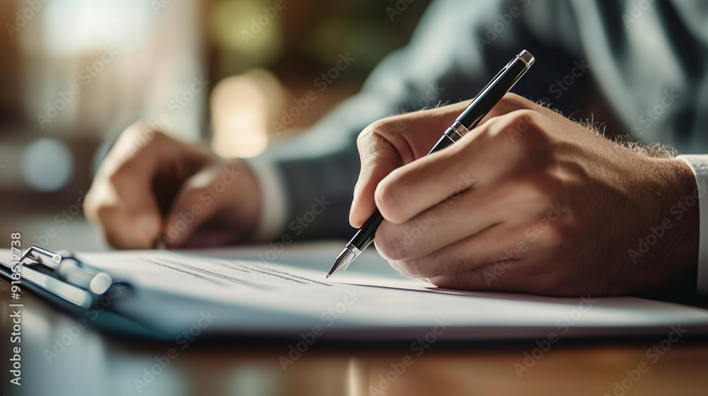 Close-up of a person's hand writing on a document with a pen, emphasizing business or legal work in a professional setting.
Close-up of a person's hand writing on a document with a pen, emphasizing business or legal work in a professional setting.