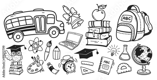 Vector line art cute illustration collection of back to school education symbols and objects