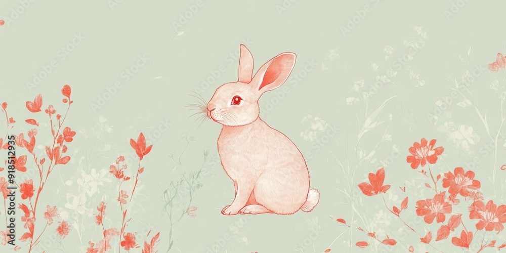 Obraz premium Ethereal Rabbit as the Centerpiece of a Chinese Zodiac Illustration: A Minimalist and Culturally Rich Design with Geometric Florals on a Subtle Green Canvas