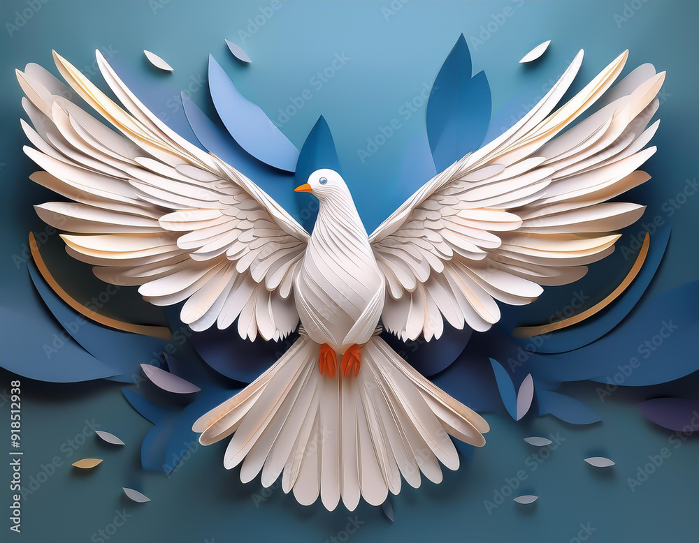 Obraz premium white dove with wings spread. Peace Freedom symbol. Layered Cut paper material. Paper cut of International Peace Day.