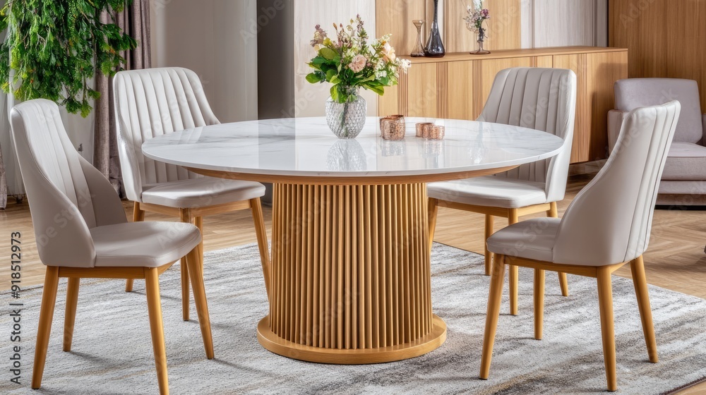 Obraz premium A stylish dining area showcases a round marble table with a wooden base, accompanied by four light beige armchairs on a floral rug under abundant natural light.