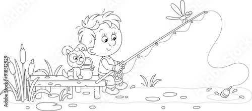 Cheerful little boy together with his funny pup fishing in a small pond in countryside, black and white outline vector cartoon illustration for a coloring book page
