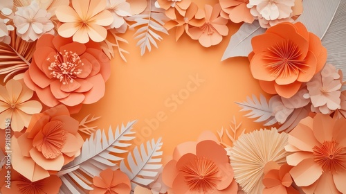 Paper cut craft flowers and leaves, orange color, origami textured background, spring mood. Floral frame layout. Ai generation