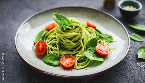 Vegan zucchini pasta with avocado sauce, spinach leaves and cherry tomatoes on ceramic plate