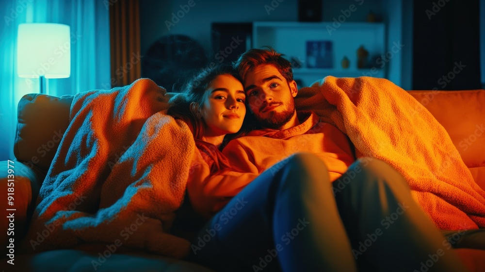 A couple is cuddling on a couch with a blanket A couple is cuddling on a couch with a blanket