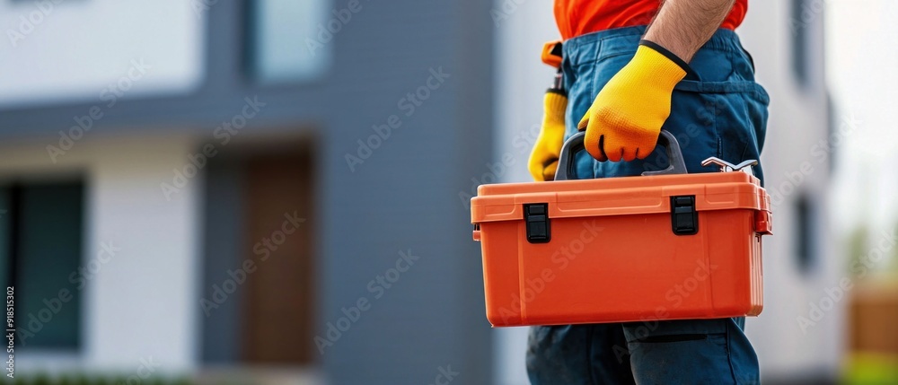 Construction Worker Carrying Toolbox at Job Site. Construction Worker Carrying Toolbox at Job Site.