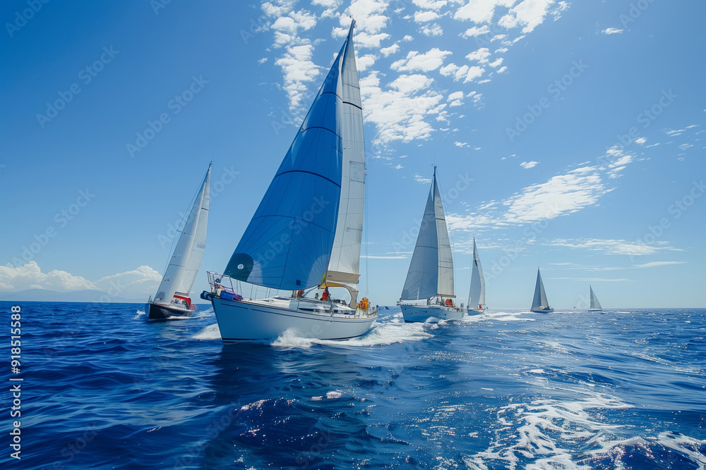 Fototapeta premium Thrilling Sailing Yacht Regatta With Multiple Vessels Racing Under Clear Blue Skies