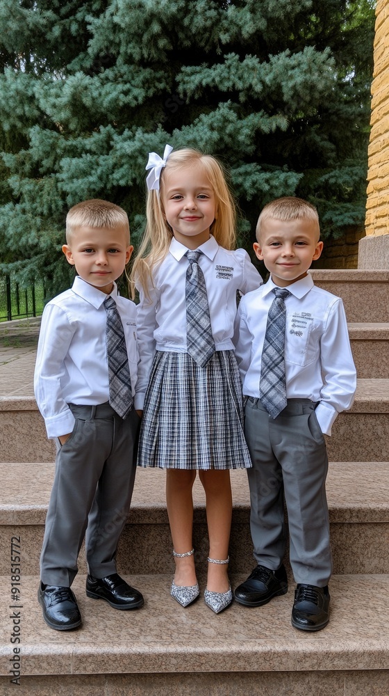 Three children stand together near house steps, dressed in white outfits with blue details, enjoying a cheerful moment on a warm day Three children stand together near house steps, dressed in white outfits with blue details, enjoying a cheerful moment on a warm day