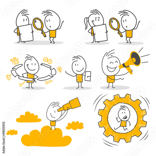 Stick figures. Office people. Big collection. Isolated on white background. Hand drawn doodle line art cartoon design character.