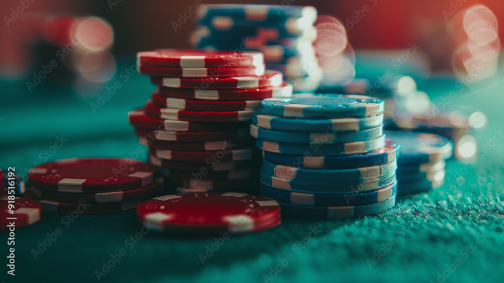 Stacks of Red and Blue Casino Chips on a Green Felt Table Stacks of Red and Blue Casino Chips on a Green Felt Table