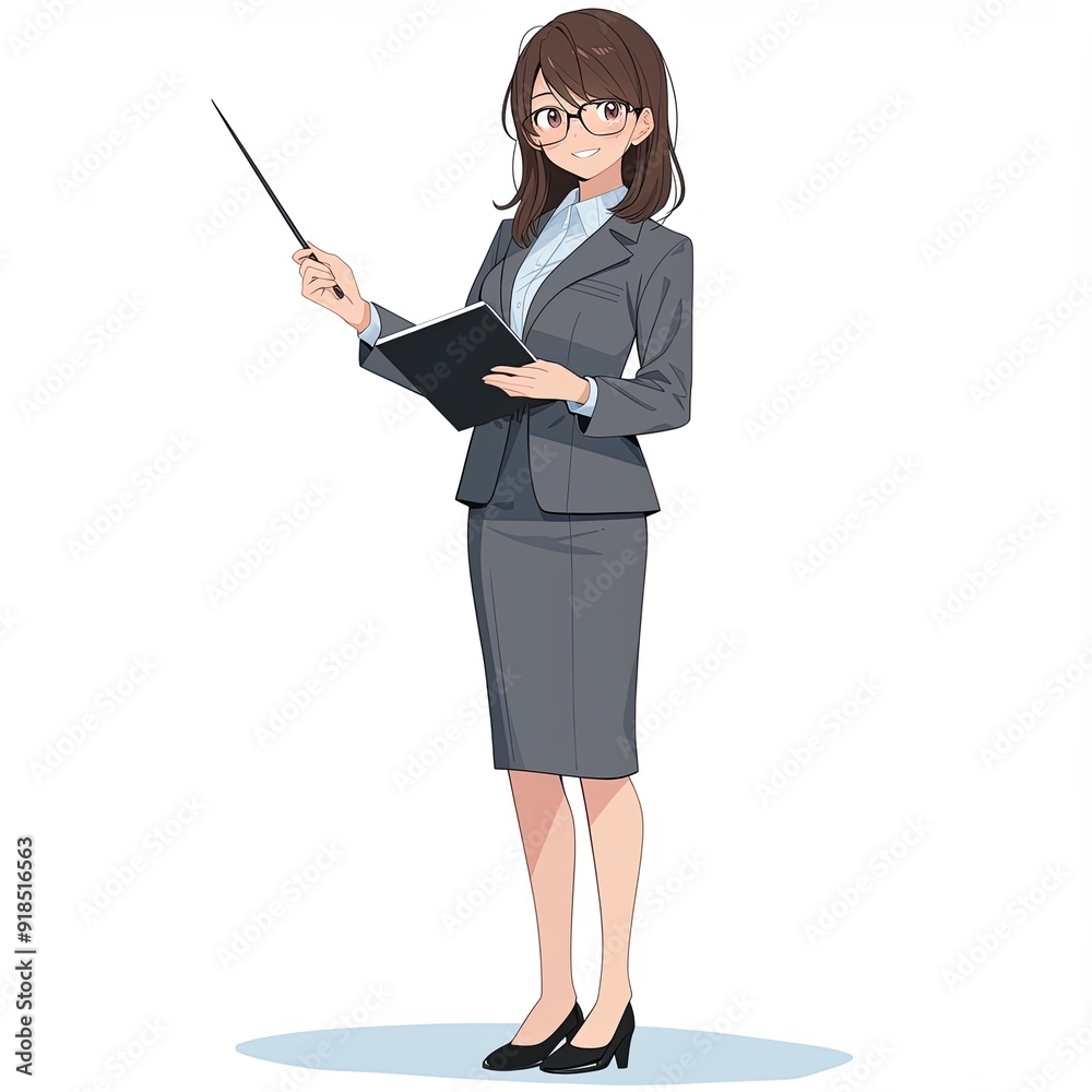 Anime-style illustration of a smiling female teacher in a gray suit, holding a pointer and book. She has glasses and exudes a professional and knowledgeable demeanor Anime-style illustration of a smiling female teacher in a gray suit, holding a pointer and book. She has glasses and exudes a professional and knowledgeable demeanor