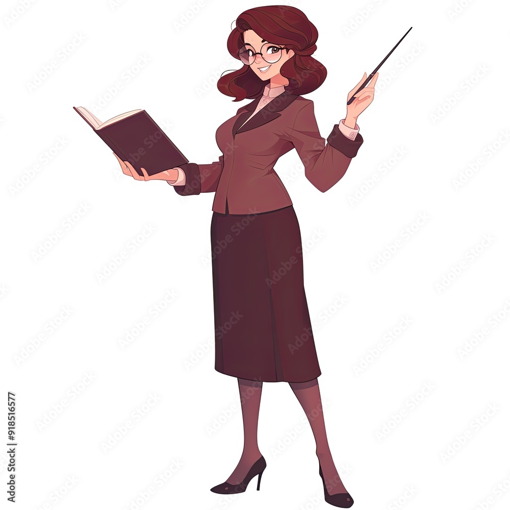 Anime-style illustration of a stylish female teacher in a brown suit holding a book and pointer. She wears glasses, exuding intelligence and professionalism Anime-style illustration of a stylish female teacher in a brown suit holding a book and pointer. She wears glasses, exuding intelligence and professionalism