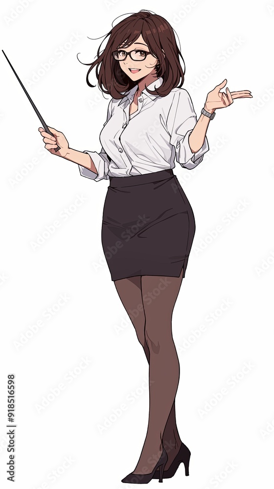 Anime illustration of a smiling female teacher in a white blouse and black skirt, holding a pointer. She exudes confidence and professionalism, with glasses and a relaxed posture Anime illustration of a smiling female teacher in a white blouse and black skirt, holding a pointer. She exudes confidence and professionalism, with glasses and a relaxed posture