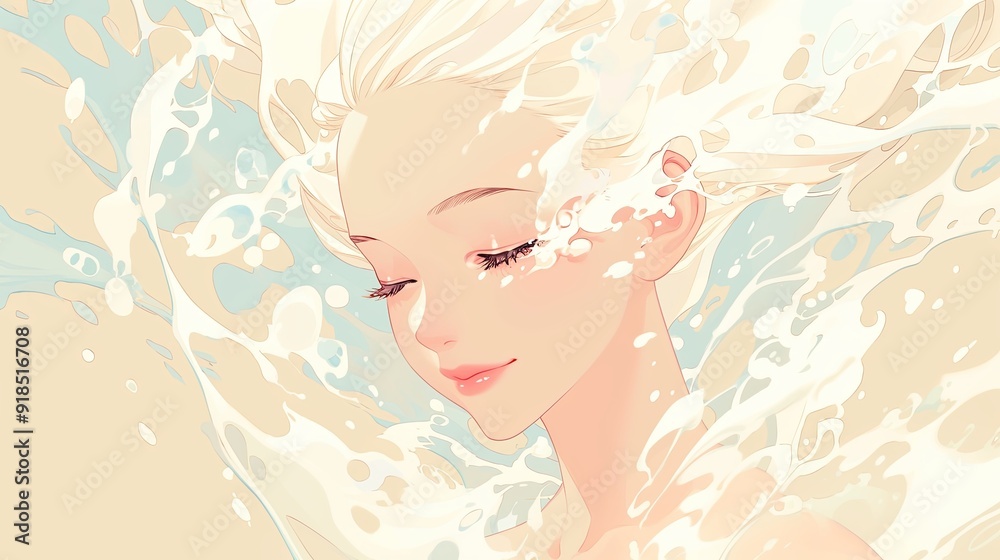 Tranquil profile of a woman with closed eyes, surrounded by flowing water effects in soft beige and blue tones. Her peaceful expression is enhanced by the gentle, fluid motion of the water Tranquil profile of a woman with closed eyes, surrounded by flowing water effects in soft beige and blue tones. Her peaceful expression is enhanced by the gentle, fluid motion of the water