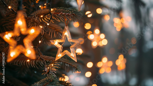 A Star Ornament Hanging from a Christmas Tree with String Lights