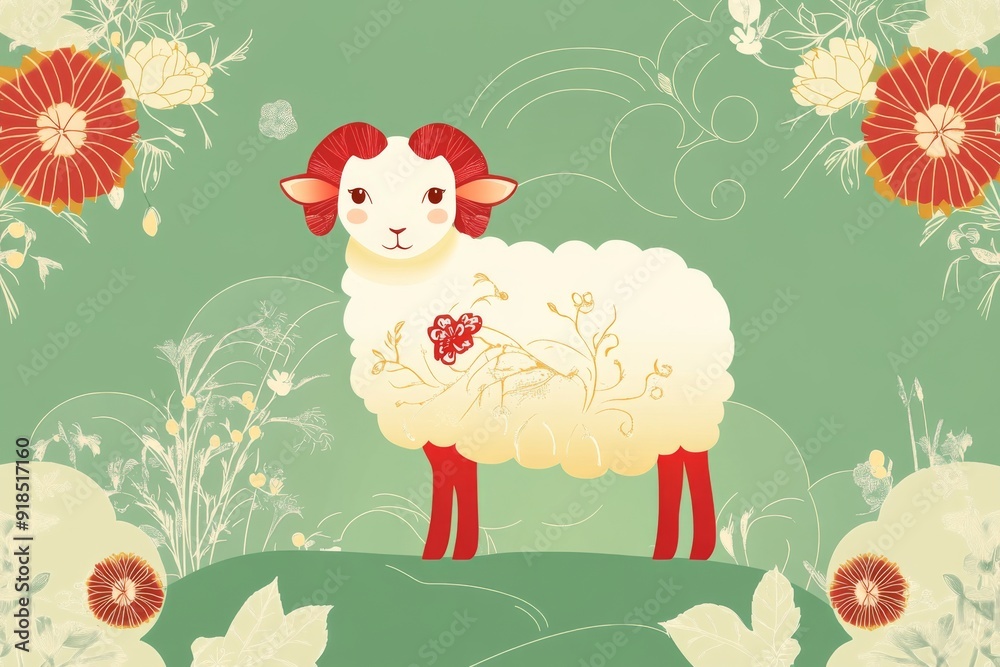 Obraz premium Zodiac Sheep in Tranquil Bloom: A Minimalist Chinese-Style Illustration with Geometric Florals on a Serene Lime Canvas