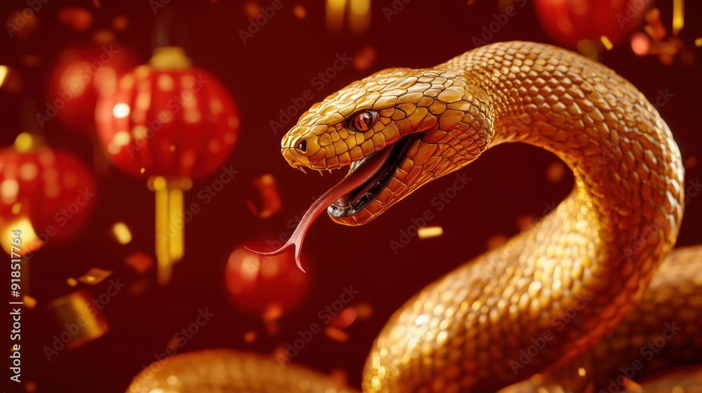 A vibrant golden snake against a festive red backdrop, symbolizing prosperity and luck, perfect for Chinese New Year celebrations and related marketing. A vibrant golden snake against a festive red backdrop, symbolizing prosperity and luck, perfect for Chinese New Year celebrations and related marketing.
