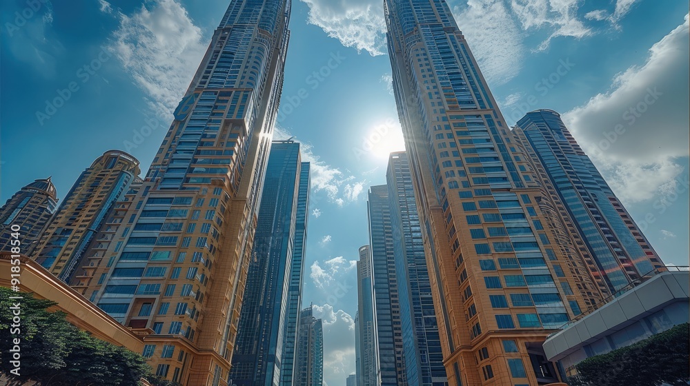 Fototapeta premium Towering high-rise buildings, spectacular, trendy style. Generative AI.