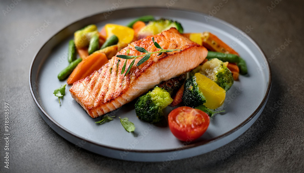 Delicious grilled salmon fillet with vegetables on plate. Tasty dish for dinner. Cooking concept. Delicious grilled salmon fillet with vegetables on plate. Tasty dish for dinner. Cooking concept.