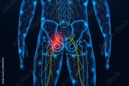 Inflammation of the sciatic nerve. Pain in the femoral area. Polygonal design of interconnected lines and dots. Blue background.