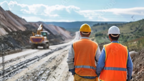 Two construction workers in safety vests and hard hats stand on a dirt road with an excavator in the background.