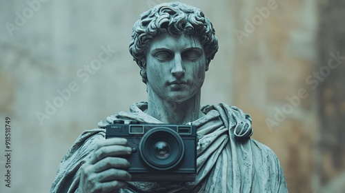 Classical statues wielding vintage cameras. Surreal fusion of ancient art and modern photography. Captivating concept for creative advertising, art galleries photo