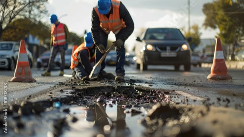 Wallpaper Mural Construction workers repair a pothole on a busy city street. Torontodigital.ca