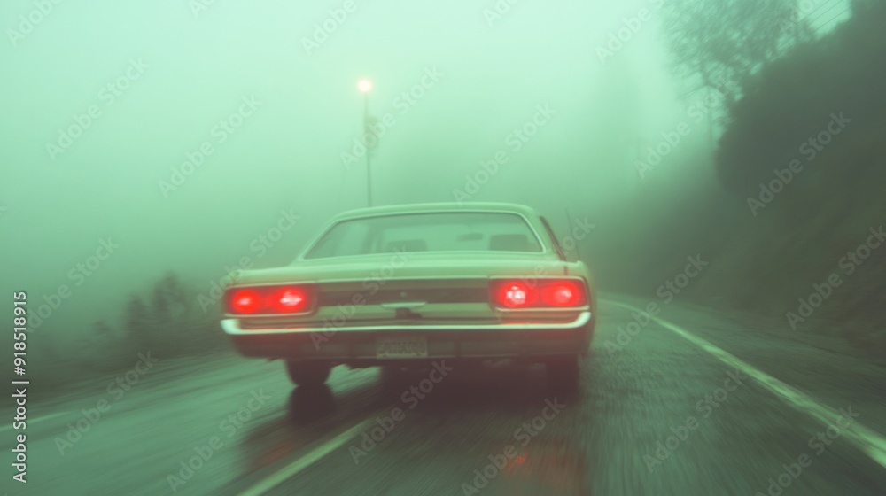 Classic car driving through dense fog on a winding road at dusk Classic car driving through dense fog on a winding road at dusk