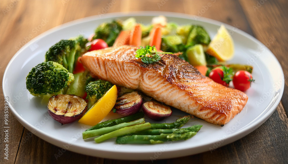 Delicious grilled salmon fillet with vegetables on wooden table. Tasty dish for dinner. Close-up. Delicious grilled salmon fillet with vegetables on wooden table. Tasty dish for dinner. Close-up.