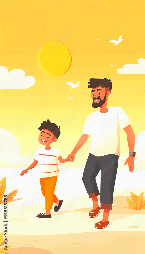 A Father and Son Walking Hand-in-Hand on a Sunny Day A Father and Son Walking Hand-in-Hand on a Sunny Day