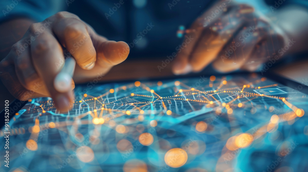 Hands using stylus to interact with digital tablet displaying interconnected network nodes and data points in hightech, futuristic environment focused on data analysis. Hands using stylus to interact with digital tablet displaying interconnected network nodes and data points in hightech, futuristic environment focused on data analysis.