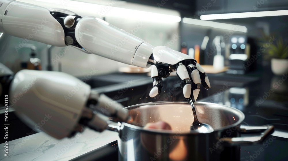 Robotic arm stirs pot in sleek, modern kitchen environment, showcasing advanced technology in culinary applications and smart home automation. Robotic arm stirs pot in sleek, modern kitchen environment, showcasing advanced technology in culinary applications and smart home automation.