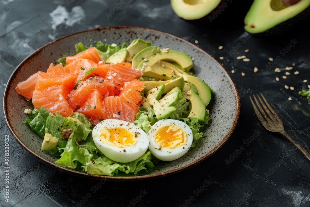 lifestyle concept, photo of an healthy meal with avocados and eggs on plate, salmon fish salad in bowl lifestyle concept, photo of an healthy meal with avocados and eggs on plate, salmon fish salad in bowl