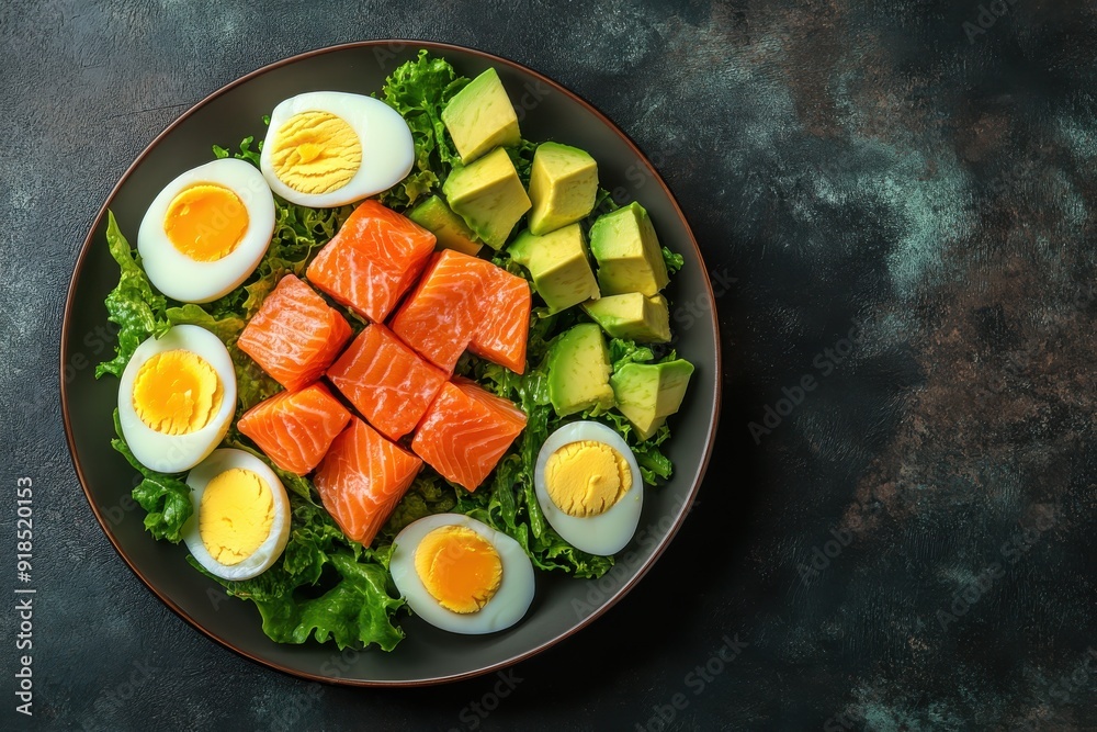 lifestyle concept, photo of an healthy meal with avocados and eggs on plate, salmon fish salad in bowl lifestyle concept, photo of an healthy meal with avocados and eggs on plate, salmon fish salad in bowl